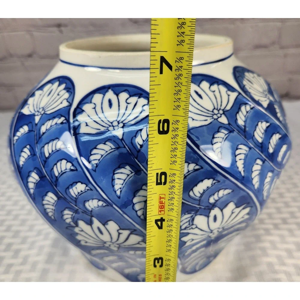 Vintage Chinese Porcelain Blue White Fishbowl Planter Vase Abstract Floral Leaf